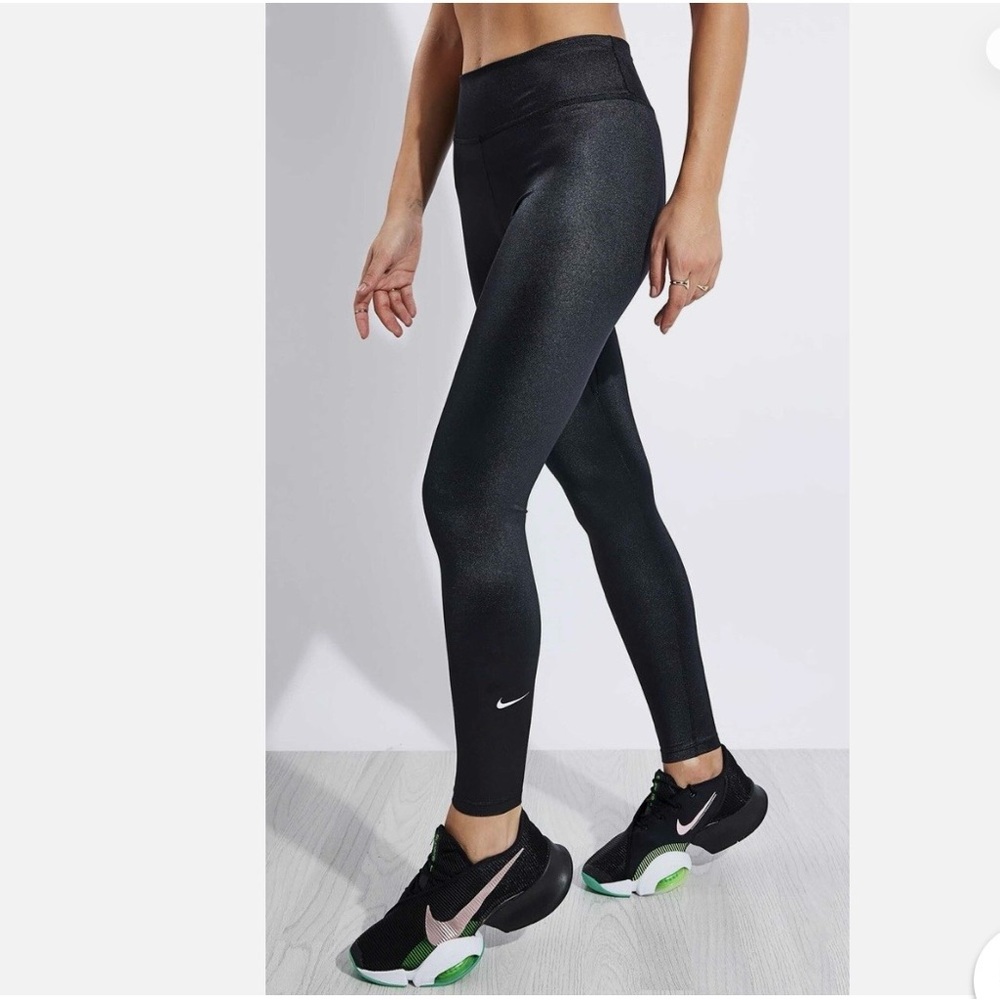 Nike One Dri-FIT Mid-Rise Full-Length Shine Black Training Leggings Women Sz XL